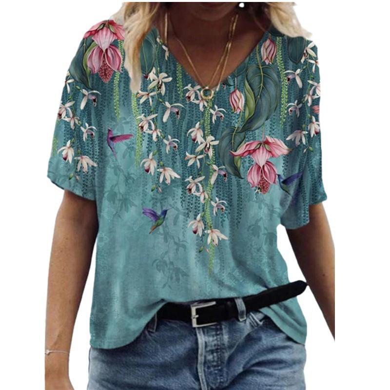 Women 3D Printed T Shirt Casual Summer Outfit Floral V Neck Tops Sportwear Short Sleeve T Shirts