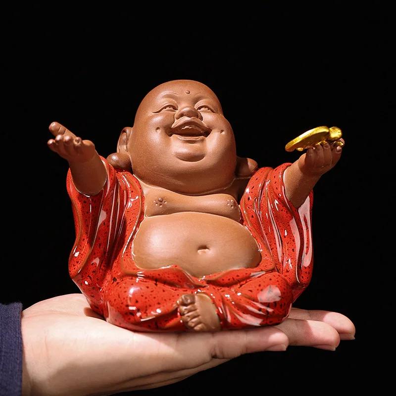 Украшения из фиолетовой глины в китайском стиле дзен в виде Будды Майтрейи, для гостиной, крыльца, автомобиля, чайный сервиз