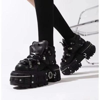Мода 2025 Новая мода Ретро Обувь на танкетке Металлическая обувь с высоким верхом Обувь на толстой подошве из натуральной кожи Панк Стиль на платформе Женская обувь