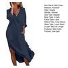 Women Summer Lapel V Neck Shirt Dress Solid Color Pockets Design Side Split Loose Fit Thin Midi Dress Beach Holiday Dress