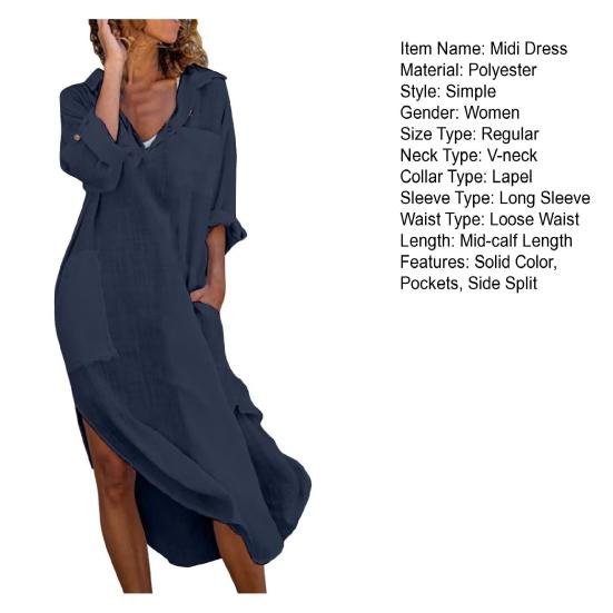 Women Summer Lapel V Neck Shirt Dress Solid Color Pockets Design Side Split Loose Fit Thin Midi Dress Beach Holiday Dress