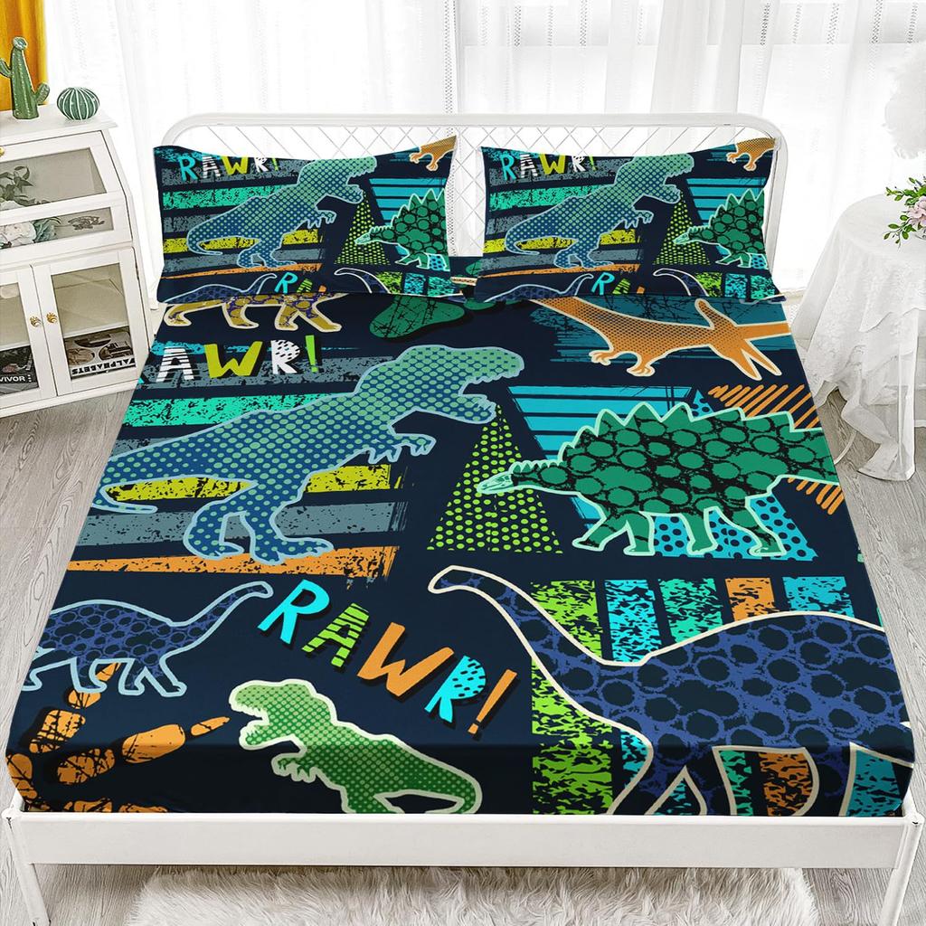 Многоцветный мультяшный узор с динозаврами, шапка на кровать из трех частей, цифровая печать, милый узор, постельный комплект
