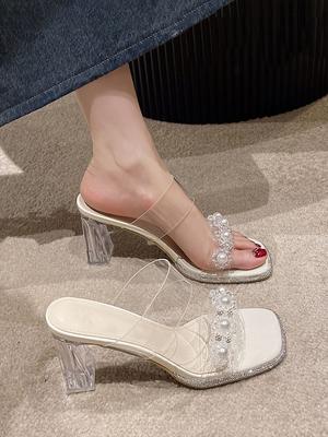 Модные сандалии женские туфли на высоком каблуке 2025 лето новые высококлассные модные универсальные хрустальные сандалии на толстом каблуке