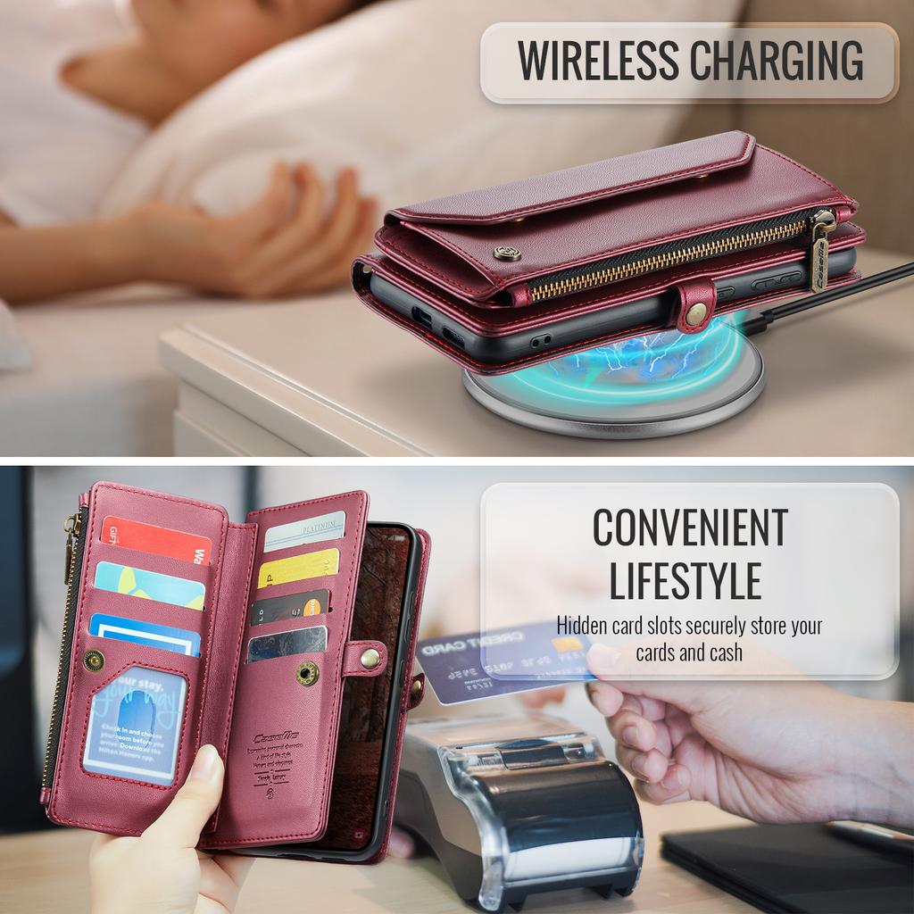 For Samsung Galaxy S26 Leather Case CASEME C36 Zipper 10 Card Slots Phone Cover with Straps