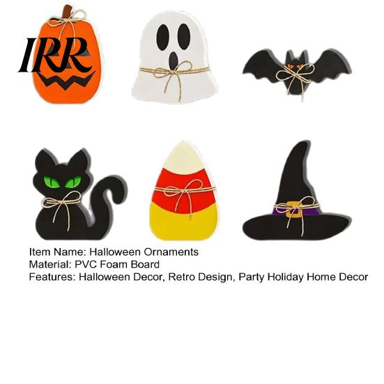 Classic Halloween Shapes Set 6Pcs Tiered Tray Decor, Ghost Black Cat Mummy Figurines, Pumpkin Witch Durable Wooden Decor Hat Bat Ornaments for