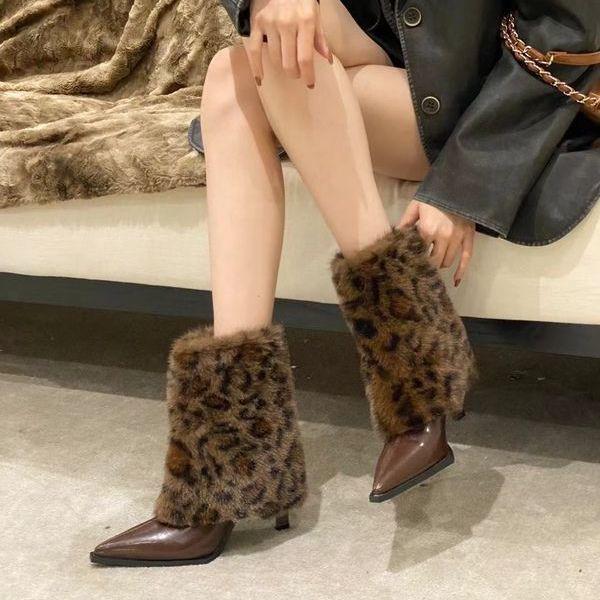 Women's 2025 Autumn/Winter Leopard Print High Heel Ankle Boots with Rabbit Fur