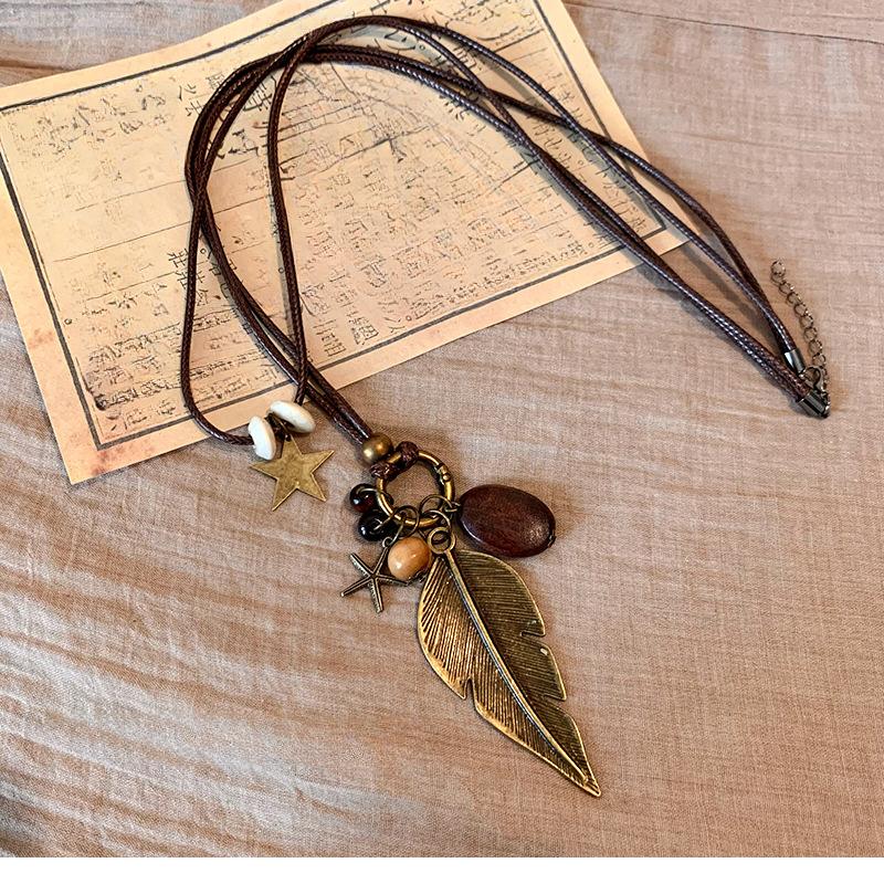 New Retro Feather Necklace, Ethnic Style, Layered Bead, Collarbone Chain, Long Bohemian Accessory