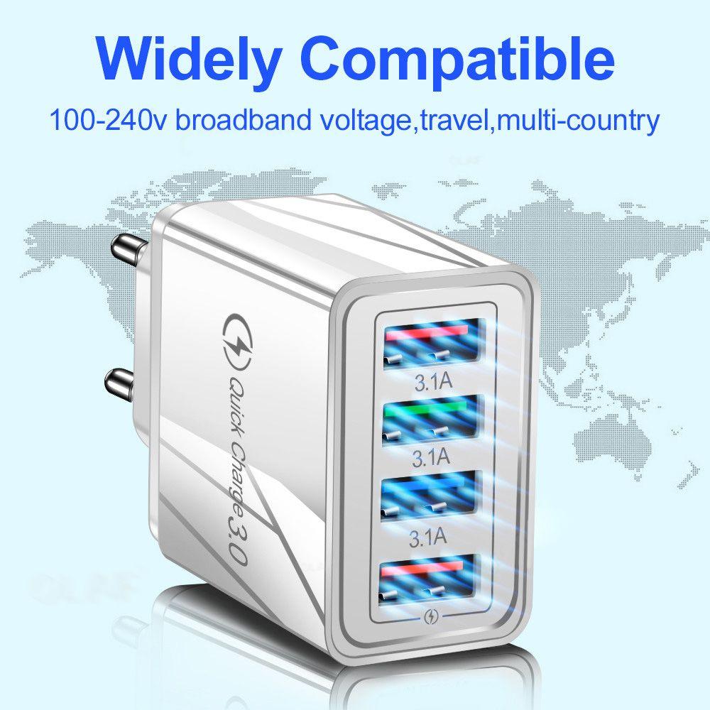 3A Charger Phone Adapter Travel Portable 4-Port USB Charger EU/US Plug Quick Charge