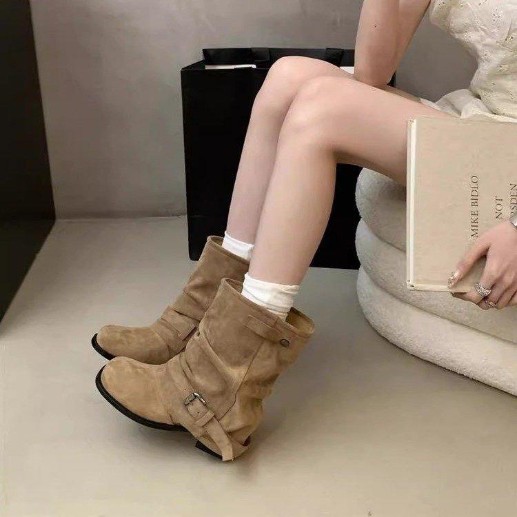Leather Spice Girl Wasteland Wind Short Summer Boots Women's 2025 New Folded Pile Boots Wide Short Boots Pant Tube Boots