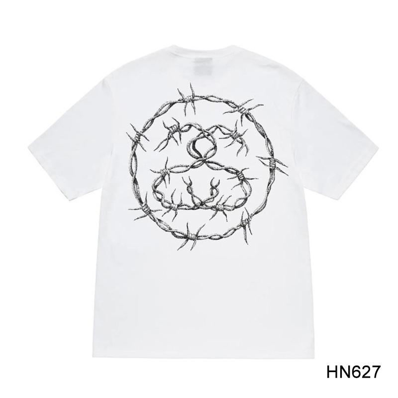 Stussy 2025 Весна/Лето Новая высококачественная хлопковая футболка с круглым вырезом для мужчин и женщин Футболка для пар с принтом в виде железной проволоки