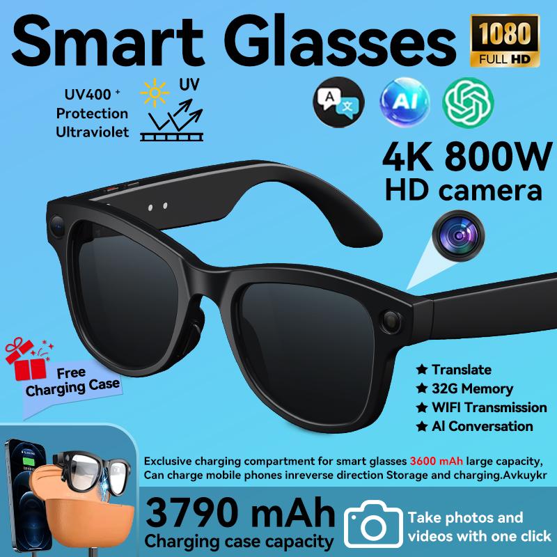 4K 800 Вт HD Камера ИИ Умные Очки Мужские Запись Видео 3790 мАч Батарея Перевод Языков 3D Музыкальный Плеер Очки С Камерой