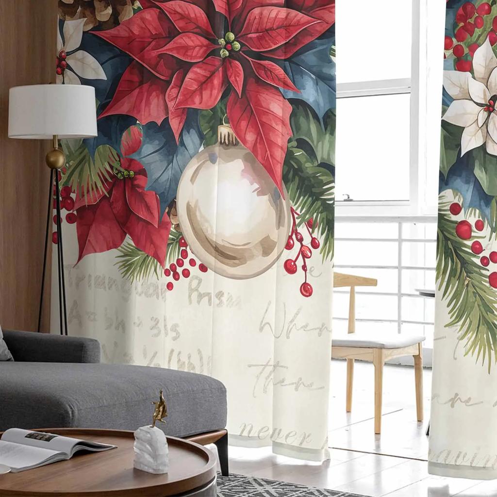 Christmas Watercolor Poinsettia Sheer Curtains for Living Room Decoration Window Curtains Kitchen Tulle Voile Curtains