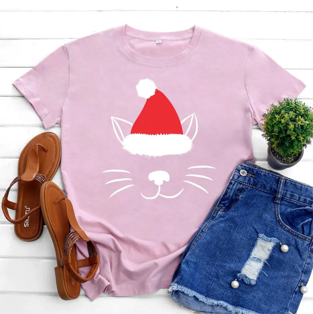 Christmas Hat Cat Face Print T Shirt Women Short Sleeve O Neck Loose Tshirt Women Tee Shirt Tops Camisetas Mujer