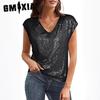 Spring and Autumn Insert Rotator Sleeve Sequin Slim V-neck Solid Color Top T-shirt Woman