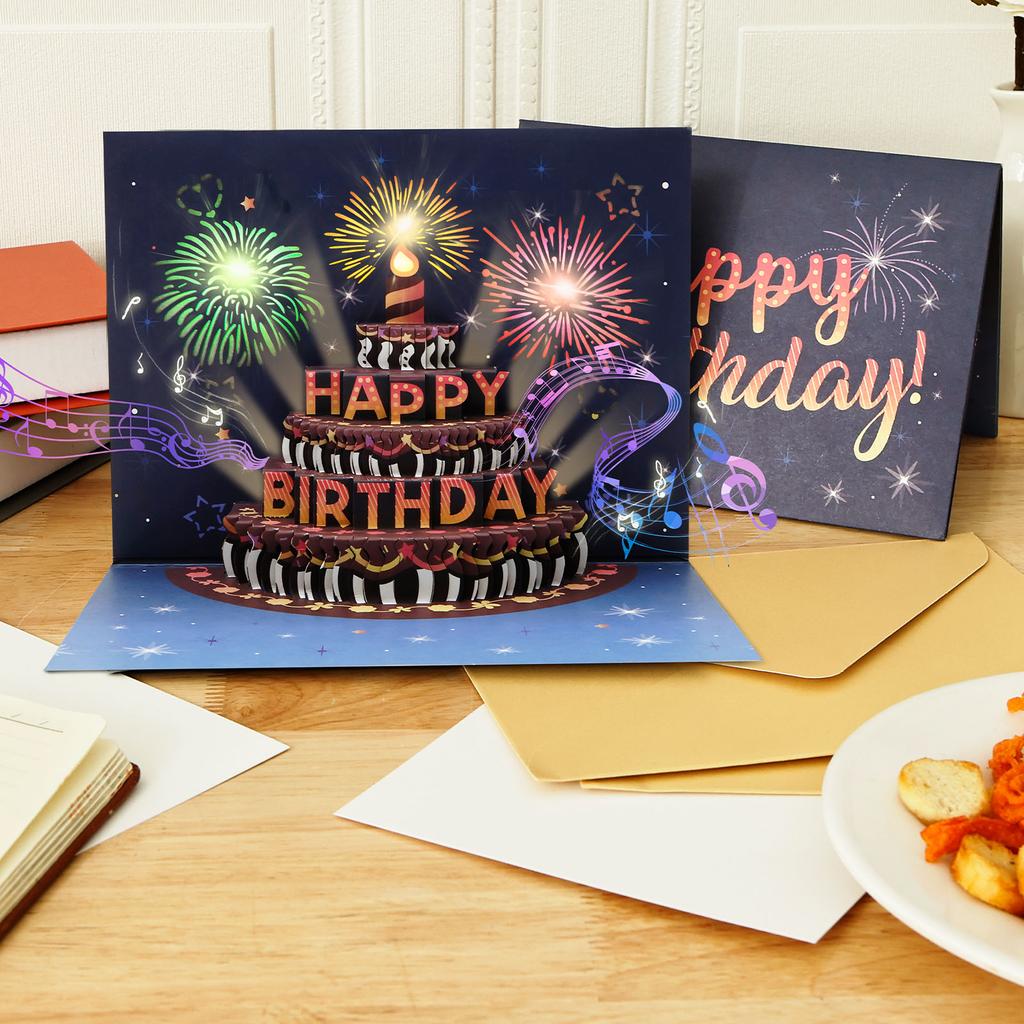 3D Light Music Birthday Card Pop Up Cake Creative Greeting Card Happy Birthday Party Gift Message Cards with Envelope for Kids