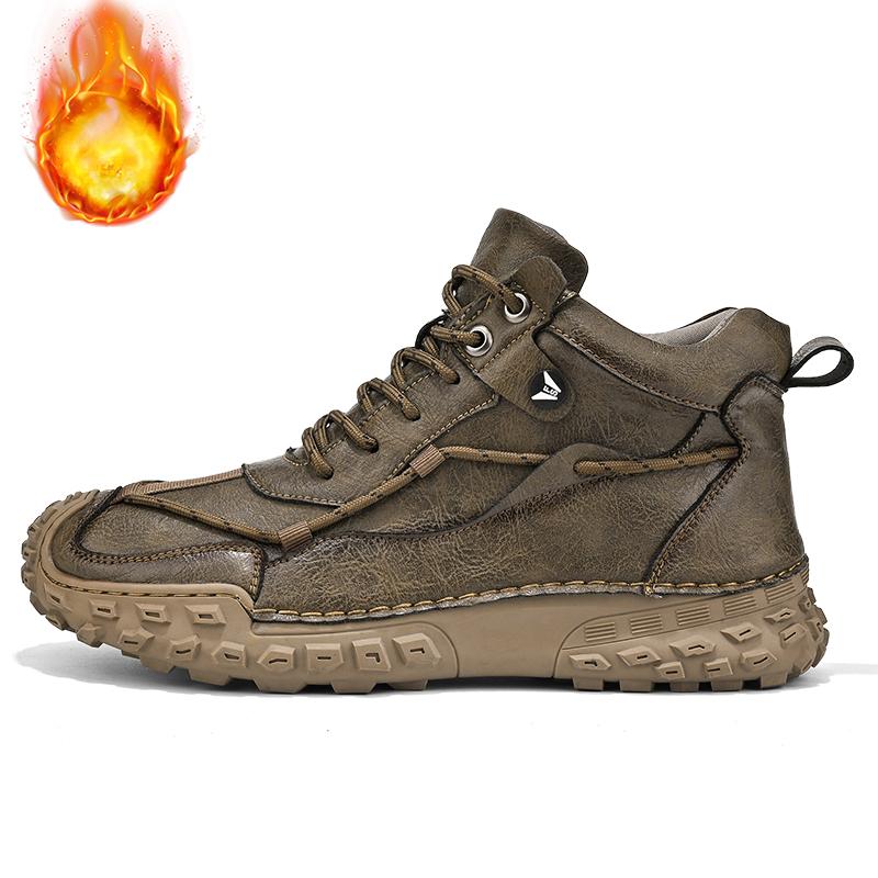 38-46 Модные зимние ботинки для мужчин, плюшевые кожаные ботинки с ручным швом, высокие походные ботинки, нескользящие, теплые, мужские ботинки, большие