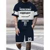 2025 Summer New Men's Racing Theme Checkered Flag Pattern Letter 3D Printed T-shirt Round Neck Men's Set Short Sleeve Shorts Sum