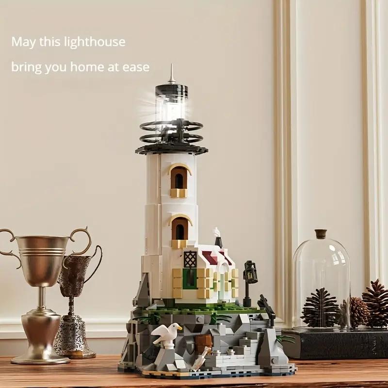 1092PCS Electric Lighthouse Building Blocks Fisherman's Hut Glowing Lighthouse Assembly Bricks Desktop Ornaments Kids Toys Gifts