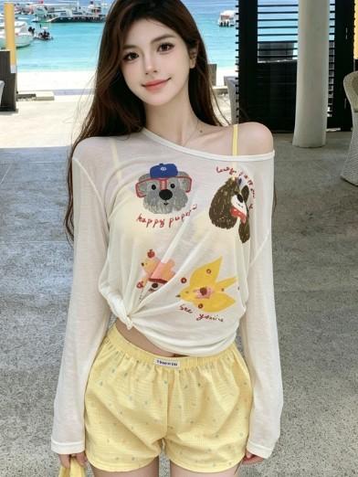 High-end polyester girl sunscreen long-sleeved shirt bikini flat angle four-piece vacation hot spring swimsuit