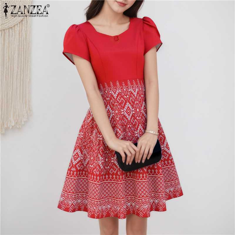 ZANZEA Women Casual Square Neck Summer Short Sleeve Print Dress