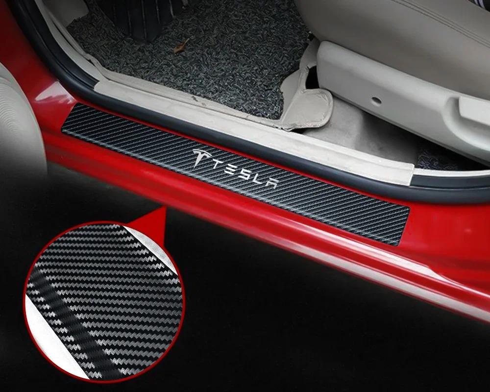 Car Sticker Tesla 4pcs Car Anti Scratch Scuff Carbon Fiber Door Threshold Stickers for Tesla Model 3 Model S X Model Y Roadster 