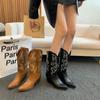 Fashion New Women Embroidered Sleeves Motorcycle Knight Boots Western Cowboy V-Mouth Middle Sleeve Square Head Thick Heel Horse Boots