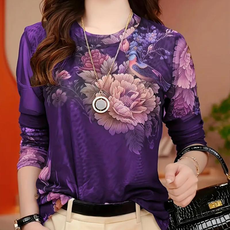 Tops For Women Colored Ink Wash Flowers Print Round Neck Long Sleeve T-shirt Fall Casual Slim Pullover Women's Long Sleeve Top