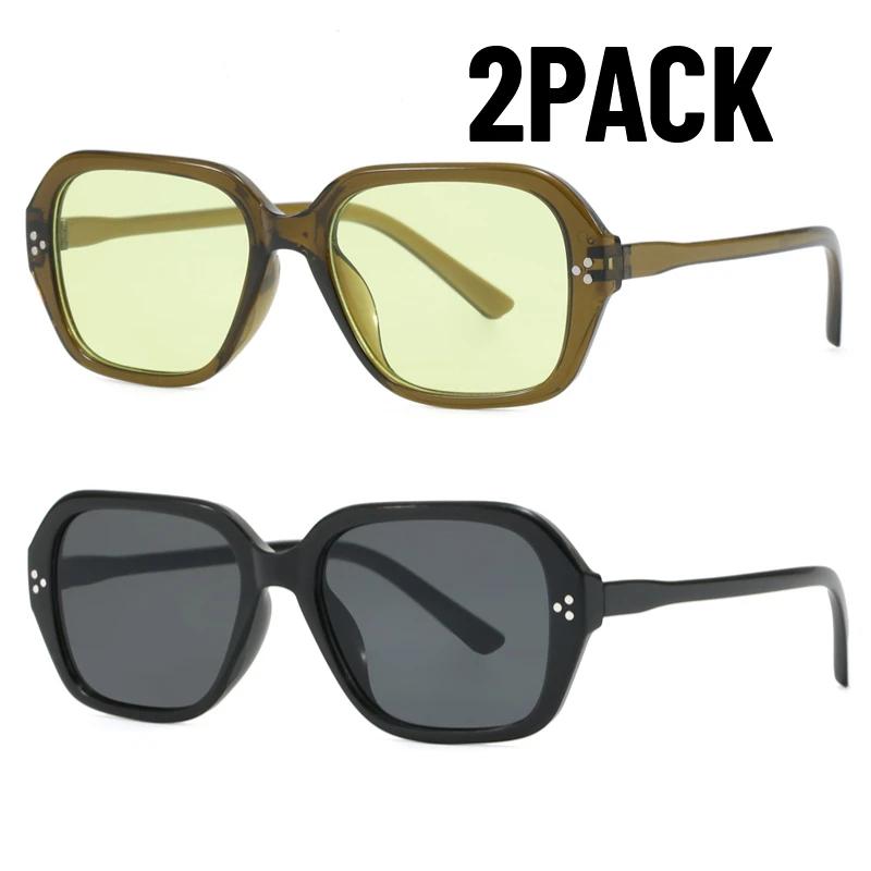 1/2PACK Women Square Sunglasses Big Frame UV400 Retro Rivets Men Olive Green Classic Sun Glasses