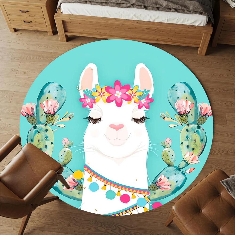 1pc Llama, Cactus Round Chair mat Area Rug - Non-Slip, Floor Mat for Office, Bedroom, home decor Christmas Gift p0811053