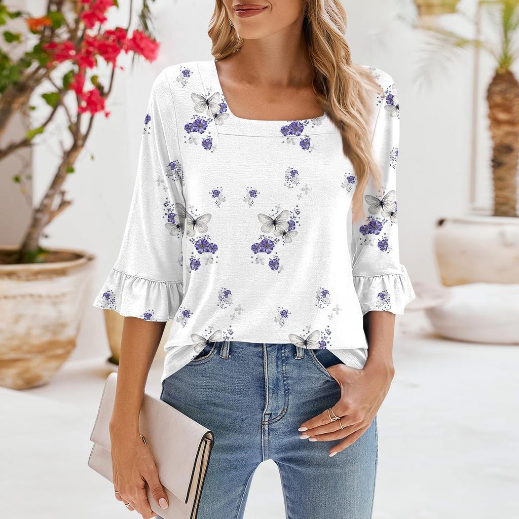 Женские повседневные топы с рукавами 3/4, летние футболки с квадратным вырезом, свободные туники с рюшами, блузки-туники