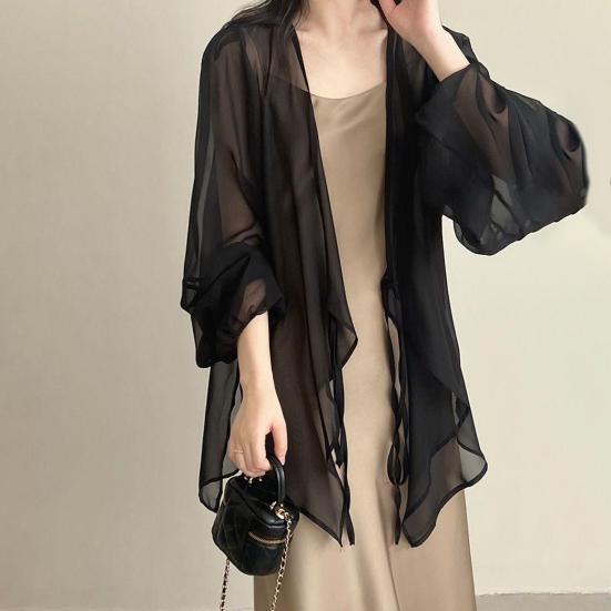 Женский летний шифоновый солнцезащитный кардиган с v-образным вырезом и длинными рукавами, шифоновый топ, прозрачное пальто с шалью на шнуровке и нерегулярным подолом