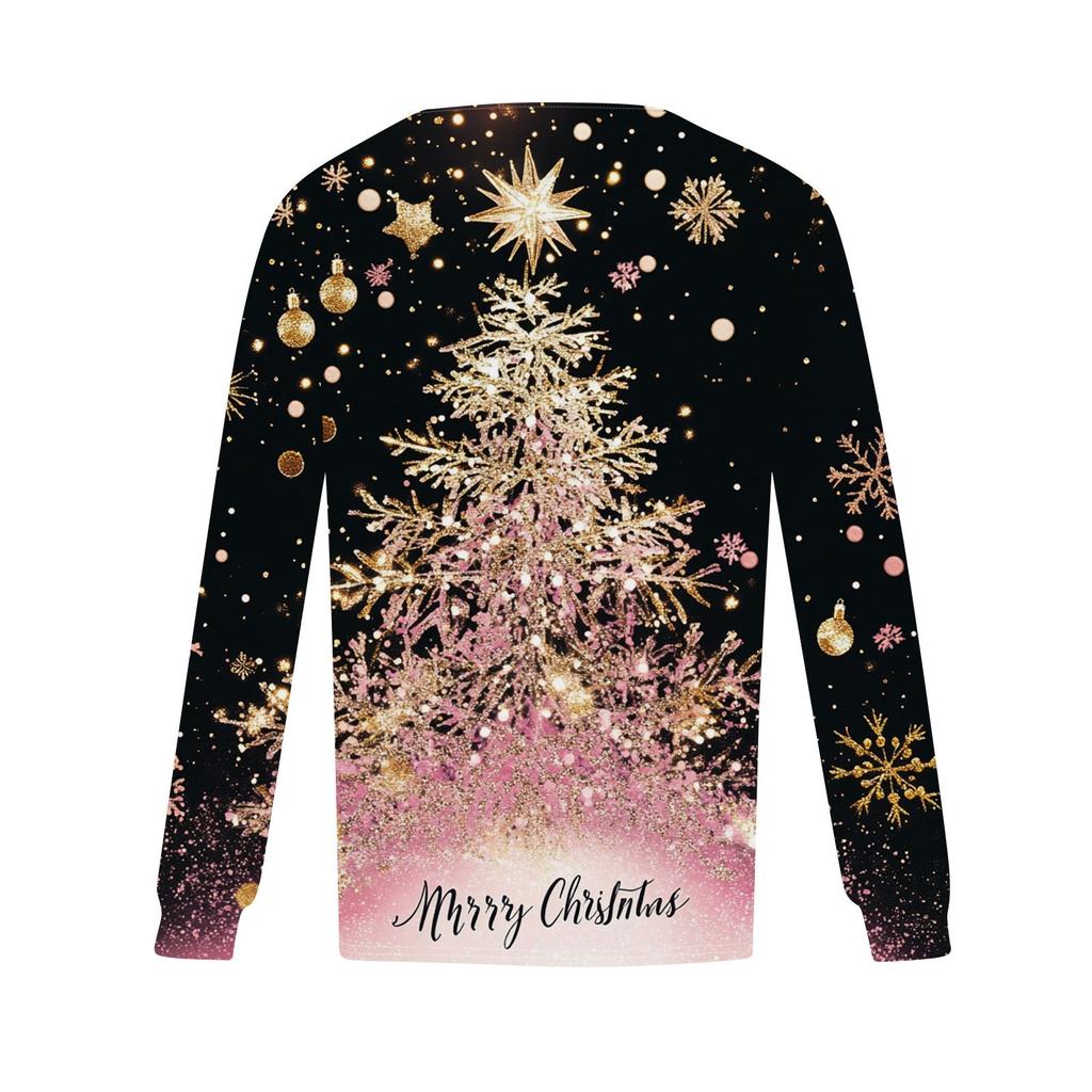 Women's Casual Top Christmas Printed Round Neck Long Sleeved Pleated T-shirt