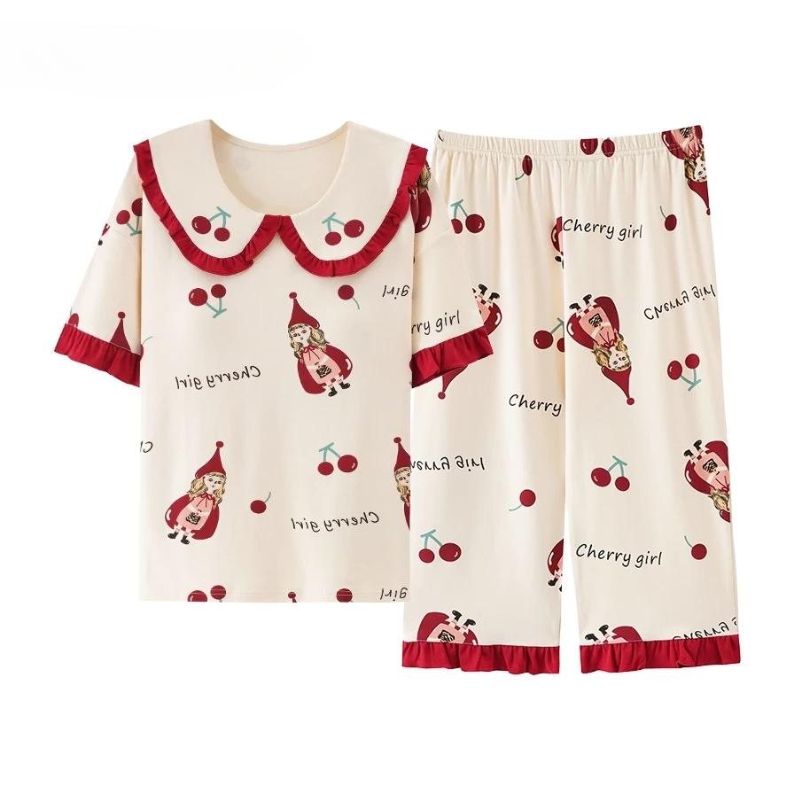 Летние пижамы-капри, милые пижамы с мультяшным принтом для женщин, модные пижамы, мягкие хлопковые пижамы, одежда для сна