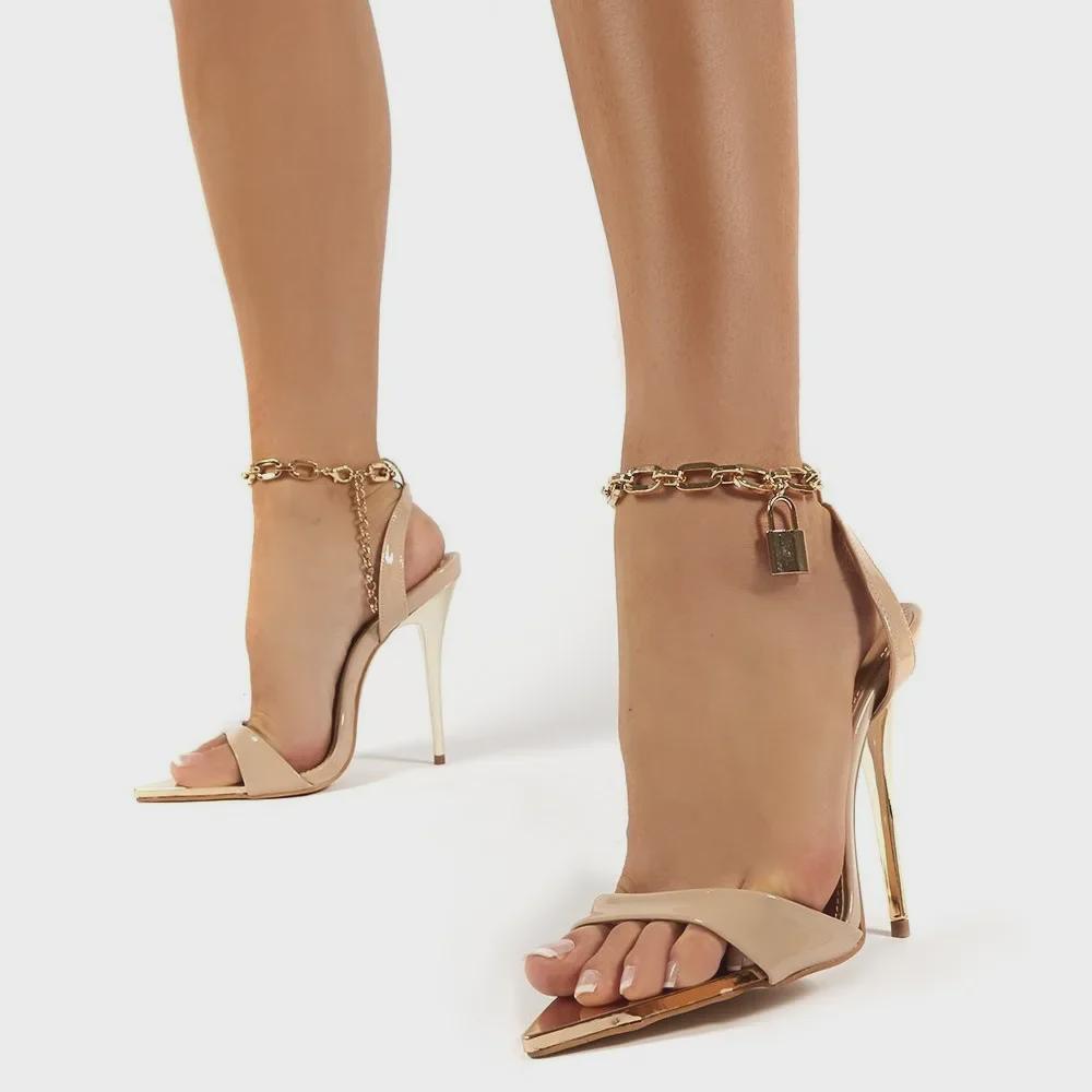 2022 Women's Candy Color Pointed Toe High Heel Sandals with Metal Chain In Large Sizes