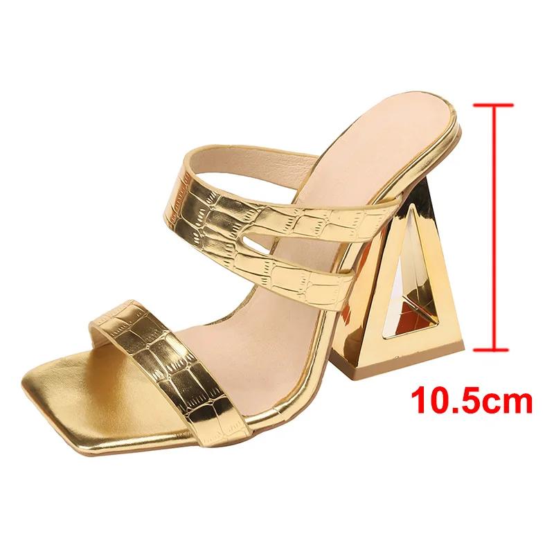Fashion Fashion Gold High Heel Sandals for Women Square Toe Strange Heeled Party Dress Shoes Woman Summer Double Strap Mule Slippers