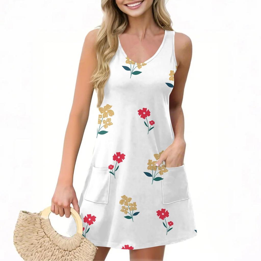 Женское повседневное летнее платье-жилет с карманами, цветочным принтом, V-образным вырезом, без рукавов