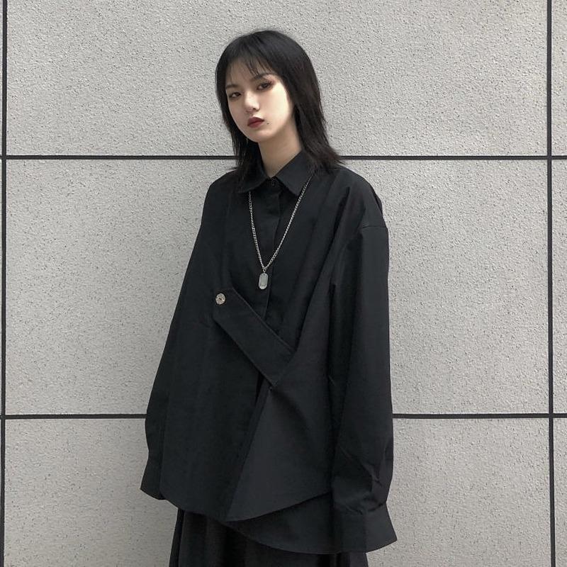 Women's Blouse Asymmetrical Japanese Style Top Streetwear Punk Cool Black Shirt Oversize Long Sleeve Button Up Alt Clothes