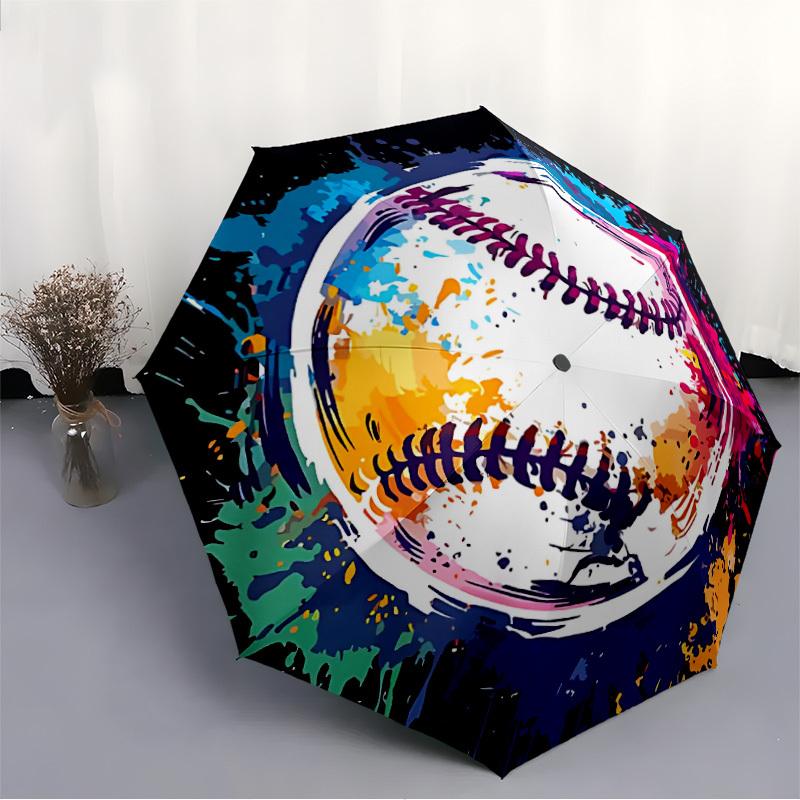 1pc Baseball Artwork Adventure Auto Open/close, 8-Rib Iron Frame, Compact Folding Cute Umbrella All-Season Portable Umbrella for Travel 014