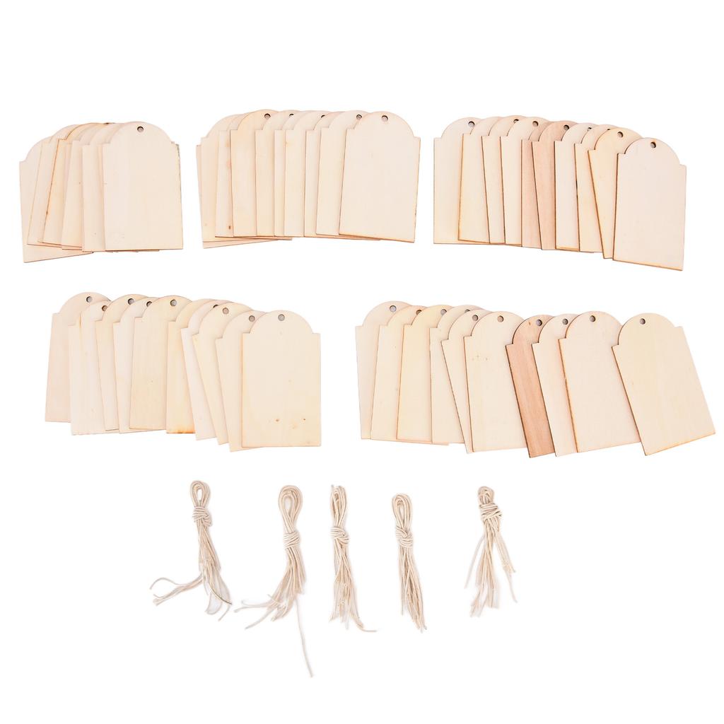50pcs Wood Pieces DIY Natural Rustic Unfinished Wood with Hemp Rope for Handicraft Bookmarks Gift Labels Decoration