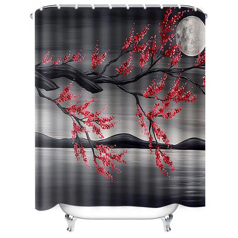 Red Blossoms and Moon Waterproof Shower Curtain Heat Resistant Machine Washable Non-Transparent 180x180cm