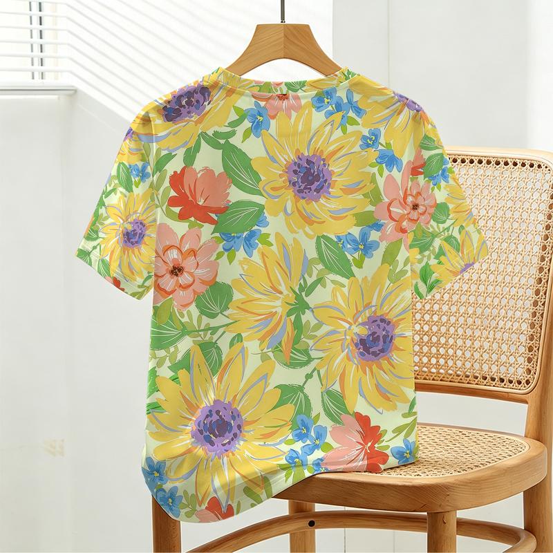 Women's Ins Style Colorful Floral Short Sleeve Top - Soft Fabric Loose Fit Casual Versatile Daily T-Shirt
