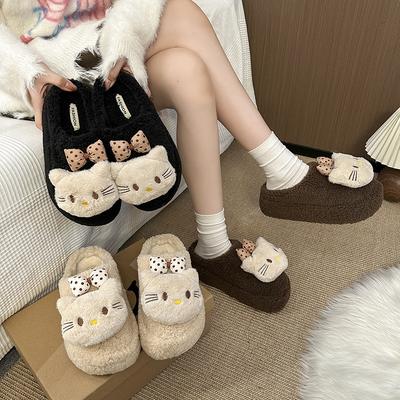 Милые плюшевые хлопковые тапочки с котенком для женщин, новинка осени и зимы 2025 года, домашняя обувь, нескользящие хлопковые тапочки на мягкой подошве