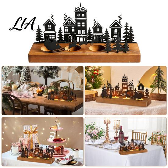 Elk Sleigh Candle Display Christmas Town Silhouette Holder, Wooden Tea Light Stand for Holiday Tabletop Decor Decoration, Metal Festive Fireplace and