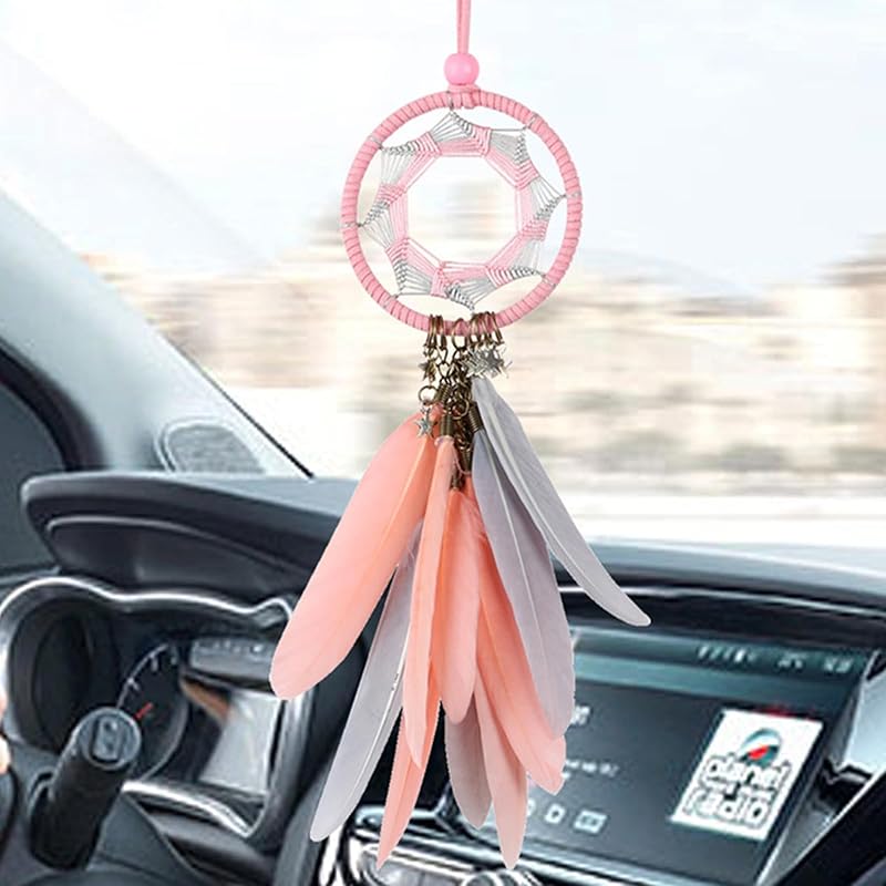 Alynsehom Dream Catcher Car Interior Rearview Mirror Hanging Decor Handmade Grids Nature Feather Small Boho Car Charms Pendant Accessories (Grey