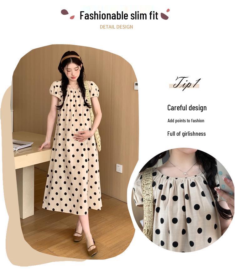 2024 Chic French Maternity Polka Dot Midi Dress with Puff Sleeves