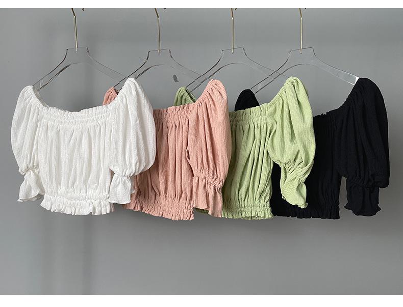Корейский укороченный топ с рюшами, открытыми плечами, пышными рукавами и кружевом
