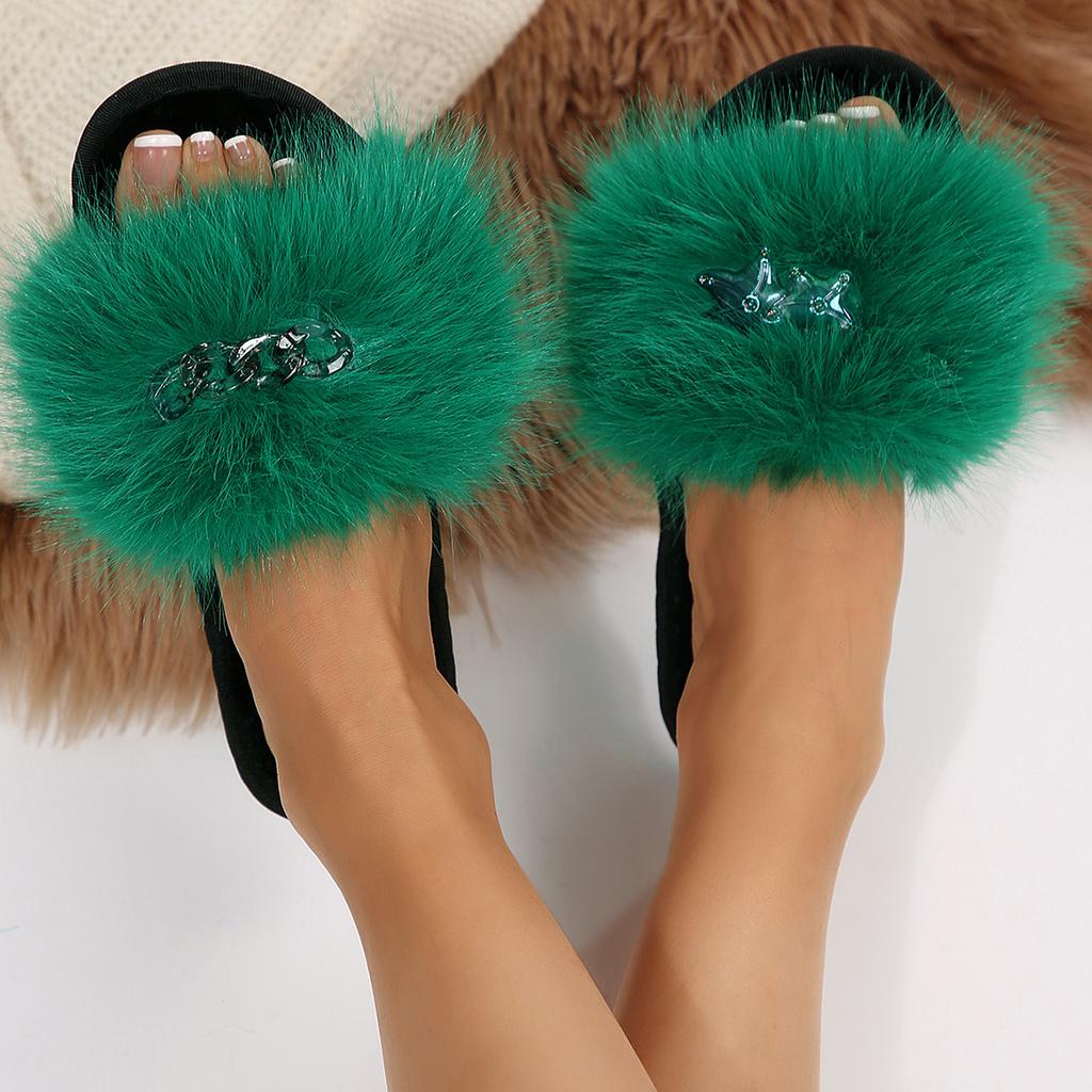 Fashion Women Summer Casual Fluffy Slippers with Fur Flat Non-Slip Slippers Furry Large Size Shoes Fur Slides Women Zapatos De Mujer