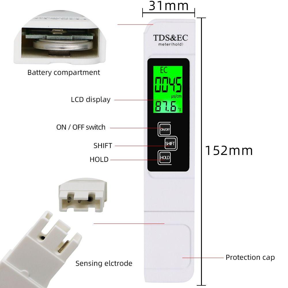 3 In 1 TDS, EC & Temperature Meter Large Backlit Screen Water Analyzer Drinking Water