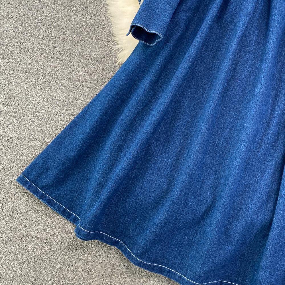 RUGOD Весеннее и осеннее джинсовое платье трапециевидной формы с воротником на талии и талией. Элегантное длинное платье.