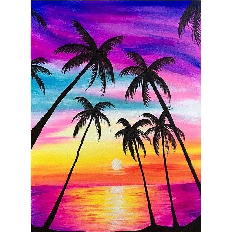 DIY Diamond Painting Landscape Sunset Sea Full Drill Embroidery Tree Scenery Mosaic Art Picture of Rhinestones Home Decoration